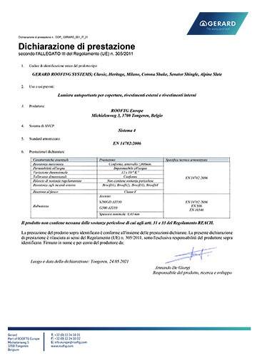 Dichiarazione di prestazione (Classic, Heritage, Milano, Corona Shake, Senator Shingle, Alpine Slate) (PDF)