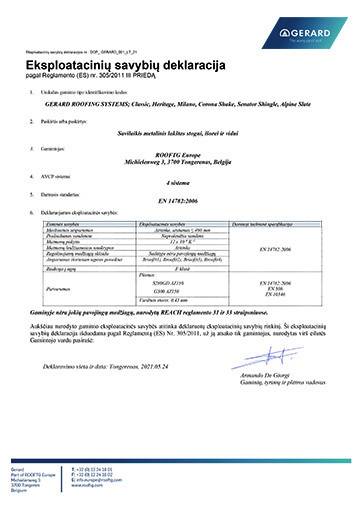 Eksploatacinių savybių deklaracija (Classic, Heritage, Milano, Corona Shake, Senator Shingle, Alpine Slate)