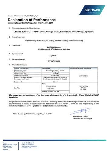 Declaration of Performance (Classic, Heritage, Milano, Corona Shake, Senator Shingle, Alpine Slate) (PDF)