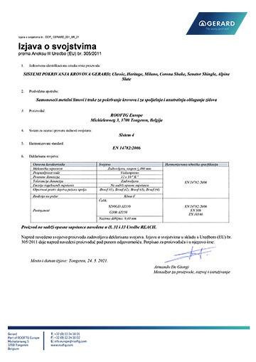 Izjava o performansama (Classic, Heritage, Milano, Corona Shake, Senator Shingle, Alpine Slate)